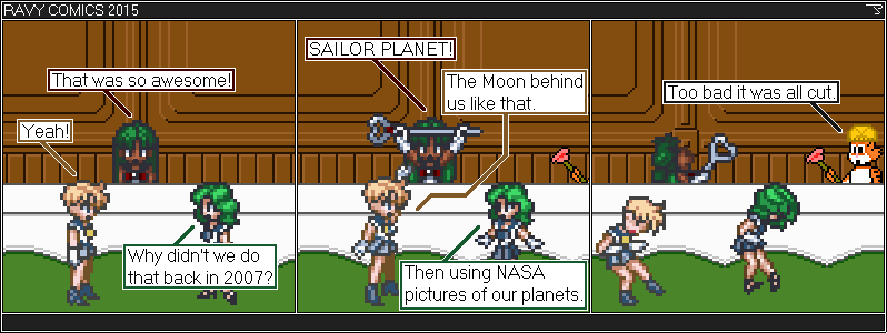 Sailor Moon RPG: Sailor Pluto + Sailor Uranus + Sailor Neptune. Do you detect a runner gag here?